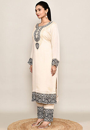 Embroidered Organza Silk Straight Kurta in Beige