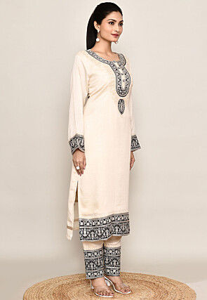 Embroidered Organza Silk Straight Kurta in Beige