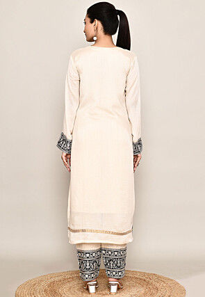Embroidered Organza Silk Straight Kurta in Beige