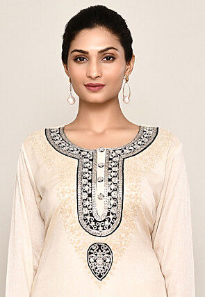 Embroidered Organza Silk Straight Kurta in Beige