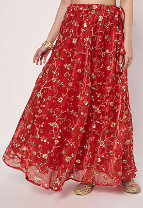 Embroidered Organza Skirt in Red
