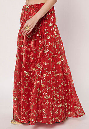 Embroidered Organza Skirt in Red