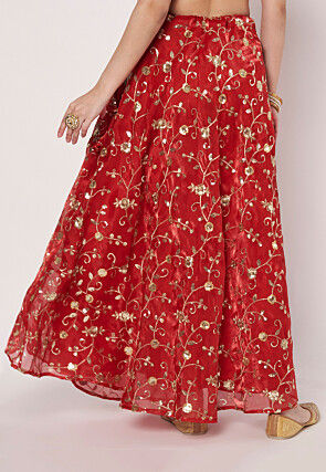 Embroidered Organza Skirt in Red