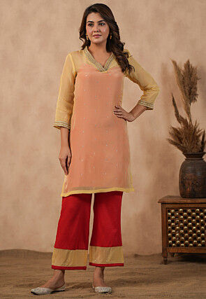 Embroidered Organza Straight Kurta Set in Beige
