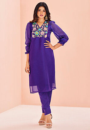 Embroidered Organza Straight Kurta Set in Blue