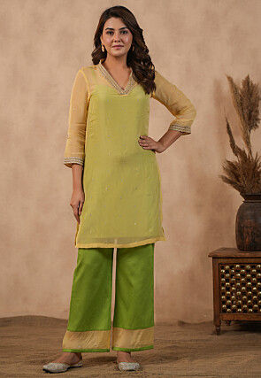 Embroidered Organza Straight Kurta Set in Light Green