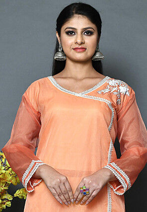 Embroidered Organza Straight Kurta Set in Peach