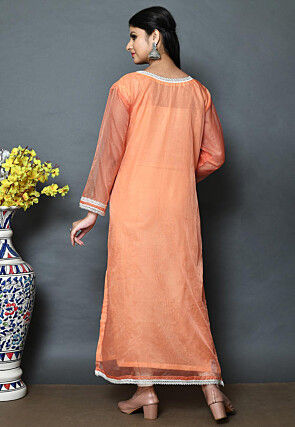 Embroidered Organza Straight Kurta Set in Peach