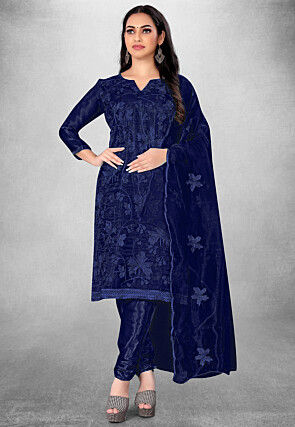 Embroidered Organza Straight Suit in Blue