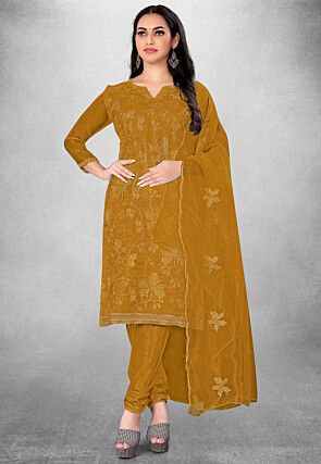 Embroidered Organza Straight Suit in Dark Mustard