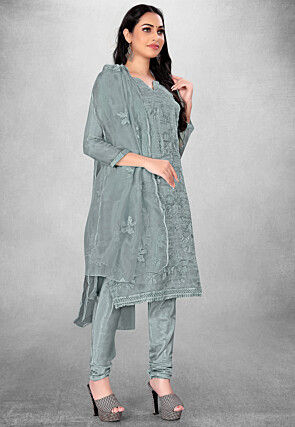 Embroidered Organza Straight Suit in Grey