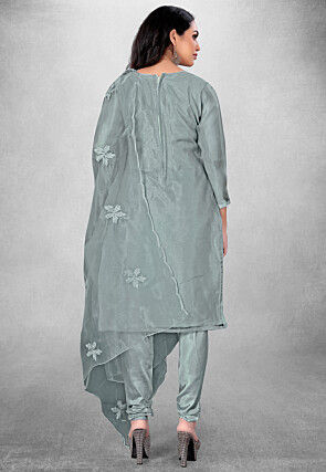 Embroidered Organza Straight Suit in Grey