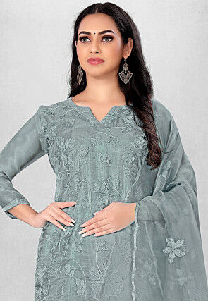 Embroidered Organza Straight Suit in Grey