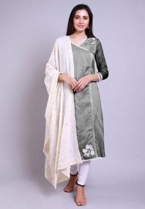 Embroidered Organza Straight Suit in Grey