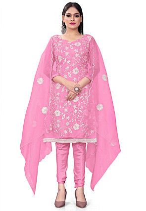 Embroidered Organza Straight Suit in Light Pink