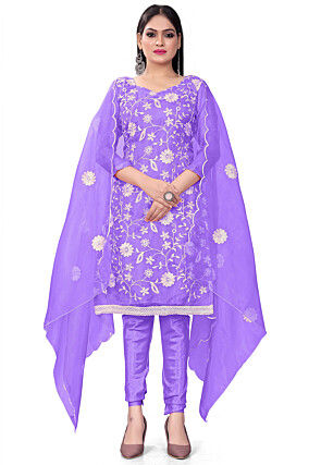 Embroidered Organza Straight Suit in Light Purple