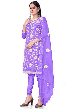 Embroidered Organza Straight Suit in Light Purple