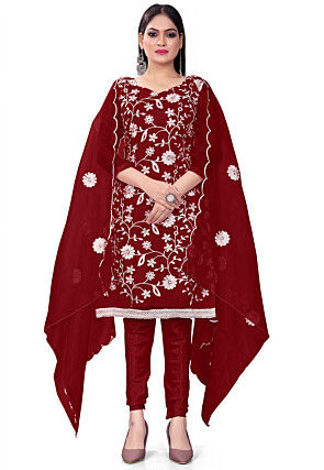 Embroidered Organza Straight Suit in Maroon