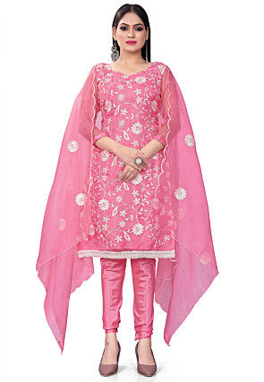 Embroidered Organza Straight Suit in Pink