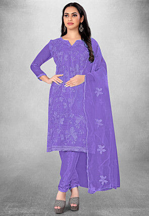 Embroidered Organza Straight Suit in Purple