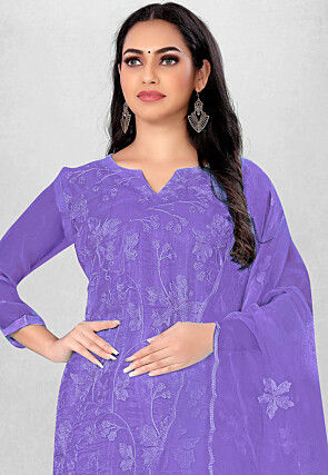 Embroidered Organza Straight Suit in Purple