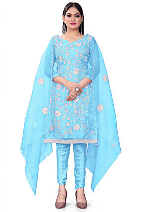 Embroidered Organza Straight Suit in Sky Blue