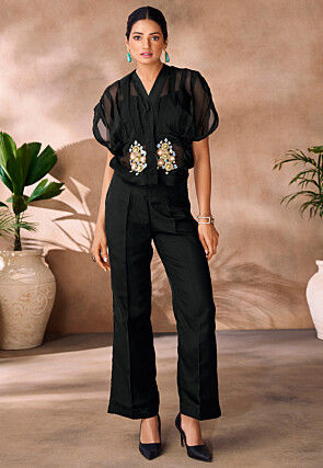 Embroidered Organza Top Set in Black