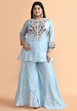 Embroidered Organza Tunic Set in Blue