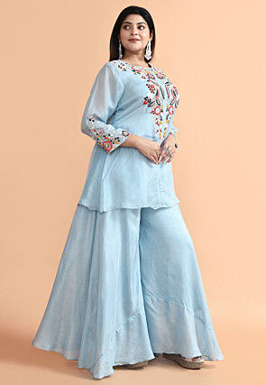 Embroidered Organza Tunic Set in Blue
