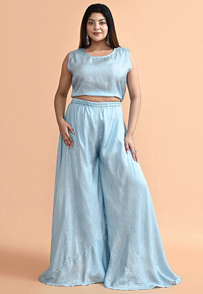 Embroidered Organza Tunic Set in Blue