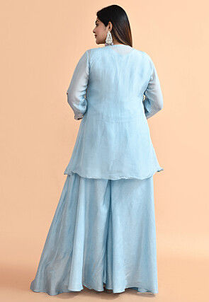 Embroidered Organza Tunic Set in Blue