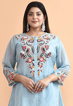 Embroidered Organza Tunic Set in Blue