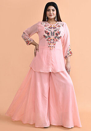 Embroidered Organza Tunic Set in Peach