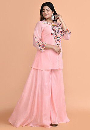 Embroidered Organza Tunic Set in Peach