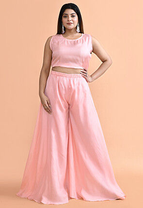 Embroidered Organza Tunic Set in Peach