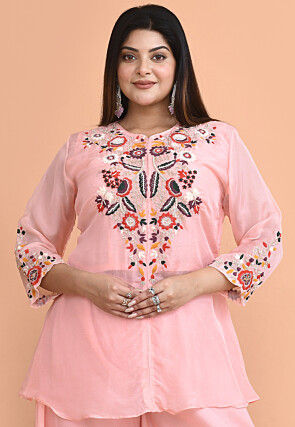 Embroidered Organza Tunic Set in Peach