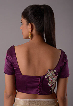 Embroidered Patch Satin Blouse in Dark Purple