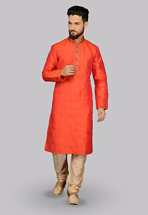 Embroidered Placket Art Silk Straight Kurta in Orange