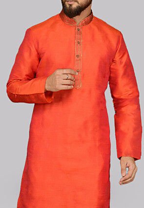 Embroidered Placket Art Silk Straight Kurta in Orange