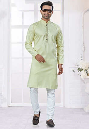 Embroidered Placket Cotton Kurta Set in Light Green