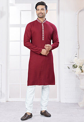 Embroidered Placket Cotton Kurta Set in Maroon