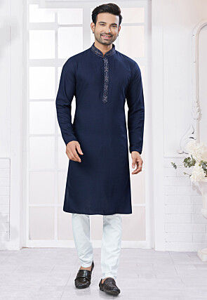 Embroidered Placket Cotton Kurta Set in Navy Blue