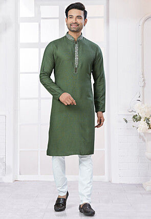 Embroidered Placket Cotton Kurta Set in Olive Green