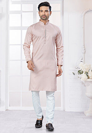 Embroidered Placket Cotton Kurta Set in Peach