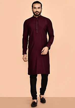 Embroidered Placket Cotton Silk Kurta Set in Maroon