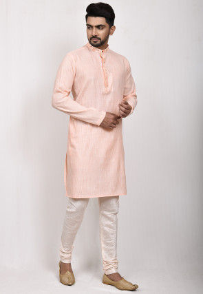 Embroidered Placket Cotton Silk Kurta Set in Peach