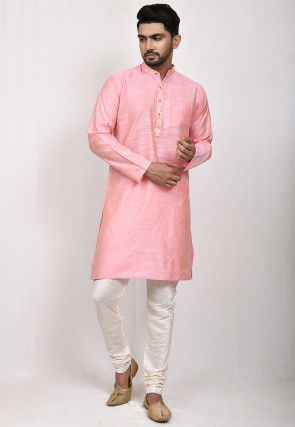 Embroidered Placket Cotton Silk Kurta Set in Peach