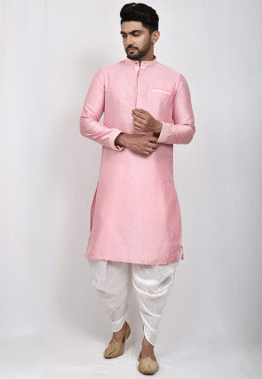 Embroidered Placket Dupion Silk Dhoti Kurta in Pink