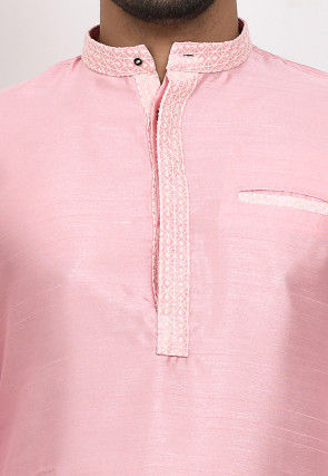 Embroidered Placket Dupion Silk Dhoti Kurta in Pink