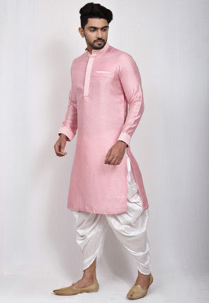 Embroidered Placket Dupion Silk Dhoti Kurta in Pink